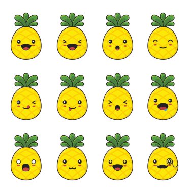 cute pineapple cartoon. with different facial expressions isolated on a white background