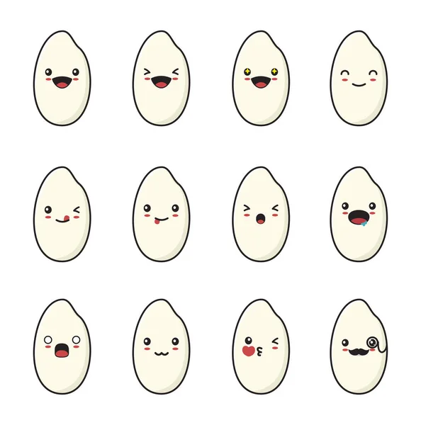 Cute Rice Cartoon Different Facial Expressions Isolated White Background — Vettoriale Stock