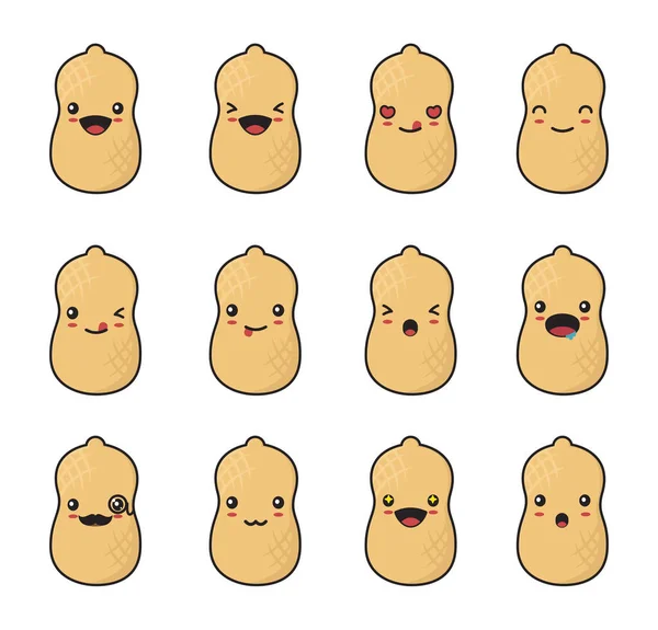 Peanut Cartoon Different Facial Expressions Isolated White Background — Wektor stockowy