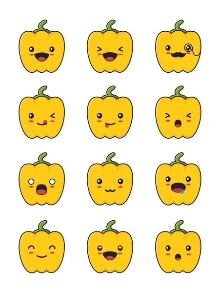 Yellow Pepper Cartoon Character Different Facial Expressions Isolated White Background — стоковый вектор