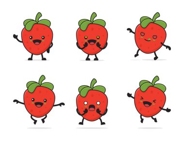 strawberry fruit cartoon. with different facial expressions and poses isolated on a white background