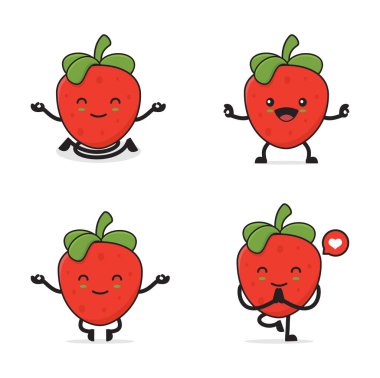 strawberry fruit cartoon. in a yoga pose, isolated on a white background