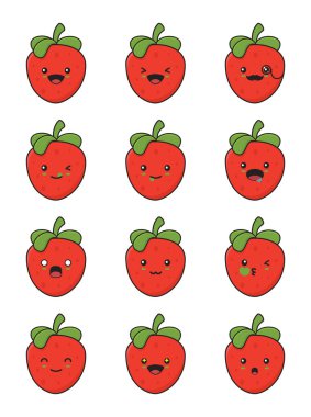 strawberry fruit cartoon. with different facial expressions isolated on a white background