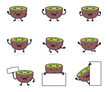 cute kiwi cartoon. with happy facial expressions and different poses, isolated on a white background