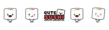 cute sushi mascot, with different facial expressions and poses, isolated on a white background