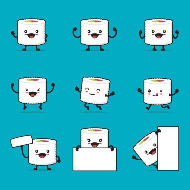 cute sushi cartoon. with happy facial expressions and different poses, isolated on a blue background