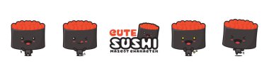 cute sushi mascot and tuna fish roe above, with different facial expressions and poses, isolated on a white background