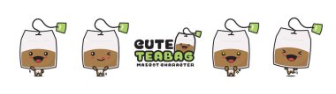 cute tea bag mascot character, drink cartoon illustration, with different facial expressions and poses, isolated on a white background