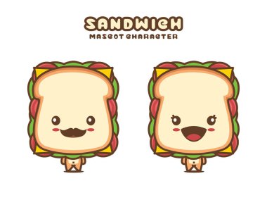 cute sandwich mascot, food cartoon illustration, isolated on white background