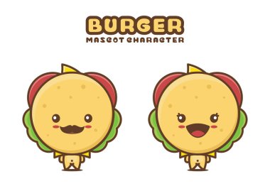 cute burger mascot, food cartoon illustration, isolated on white background