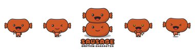 cute sausage mascot, food cartoon illustration, with different facial expressions and poses, isolated on a white background