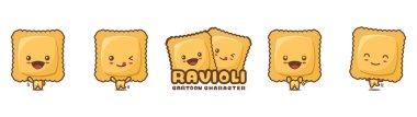 cute ravioli mascot, food cartoon illustration, with different facial expressions and poses, isolated on a white background