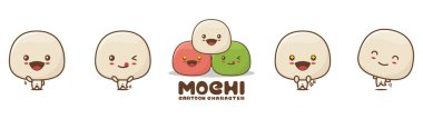 cute mochi mascot, food cartoon illustration, with different facial expressions and poses, isolated on a white background