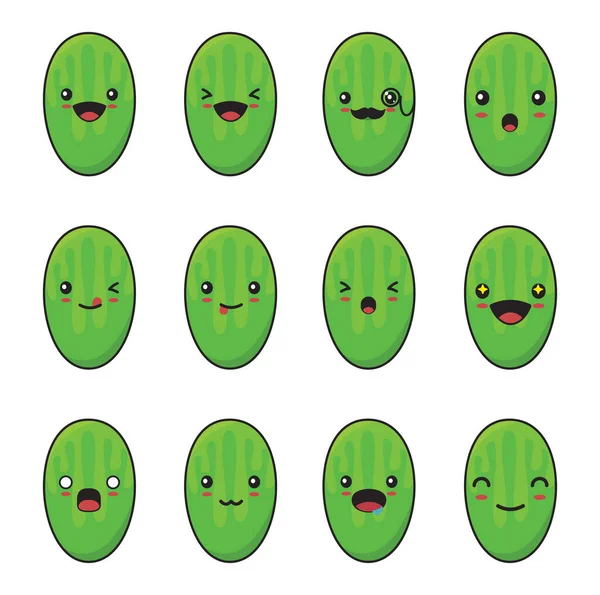 Cucumber Cartoon Different Facial Expressions Isolated White Background — Stock Vector