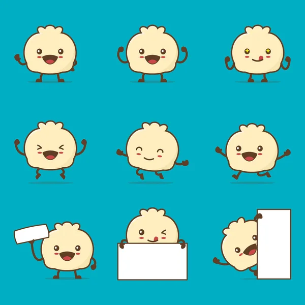 Cute Dimsum Cartoon Happy Facial Expressions Different Poses Isolated Blue — Stockvektor