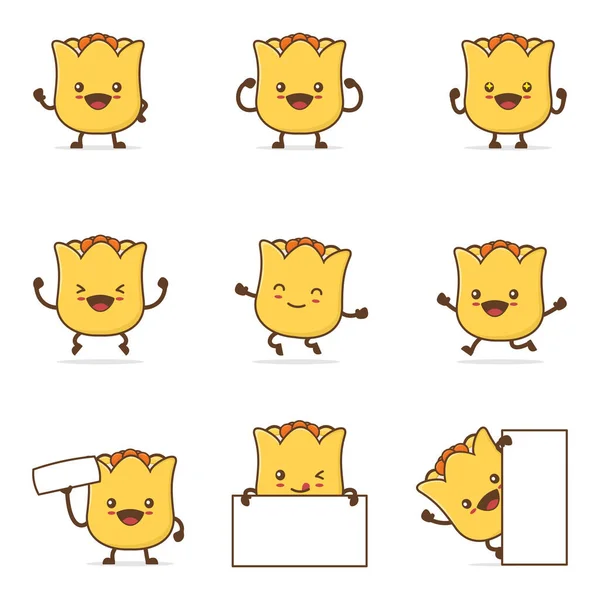 Cute Shumai Cartoon Happy Facial Expressions Different Poses Isolated White — Stock vektor