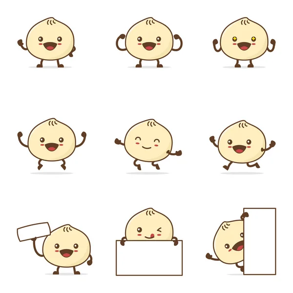 Cute Dim Sum Cartoon Happy Facial Expressions Different Poses Isolated — стоковый вектор