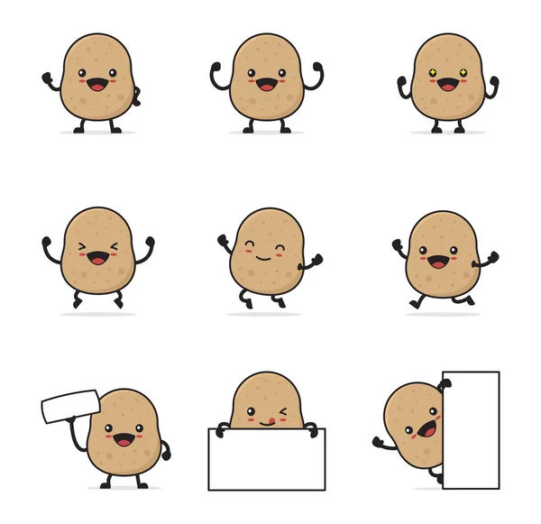 Cute Potato Cartoon Happy Facial Expressions Different Poses Isolated White — Image vectorielle