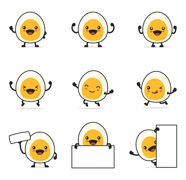 Cute Boiled Egg Cartoon Happy Facial Expressions Different Poses Isolated — Vettoriale Stock