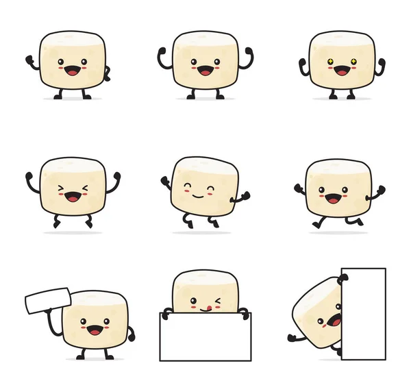 Cute Tofu Cartoon Happy Facial Expressions Different Poses Isolated White — Image vectorielle