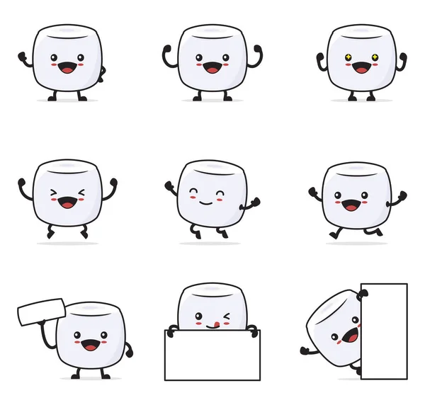 Cute Marshmallow Cartoon Happy Facial Expressions Different Poses Isolated White — Stockvektor