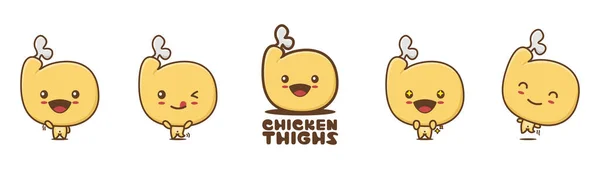 Χαριτωμένο Κοτόπουλο Μασκότ Μηρών Εικονογράφηση Κινουμένων Σχεδίων Τροφίμων Διαφορετικές Εκφράσεις — Διανυσματικό Αρχείο