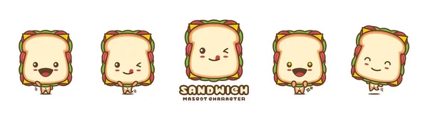 Cute Sandwich Mascot Food Cartoon Illustration Different Facial Expressions Poses — Stock vektor