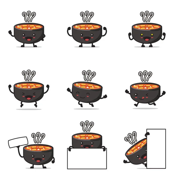 Cute Bowl Cartoon Tteokbokki Cuisine Happy Facial Expressions Different Poses — Vetor de Stock