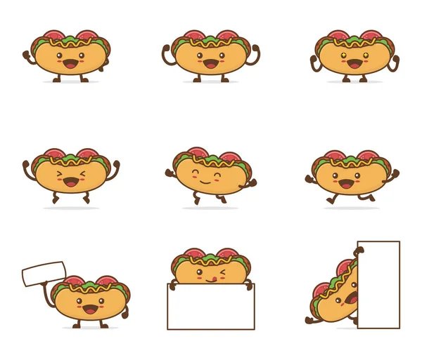 Cute Hot Dog Cartoon Happy Facial Expressions Different Poses Isolated — Stockvektor