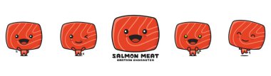 cute salmon meat mascot, food cartoon illustration, with different facial expressions and poses, isolated on white background