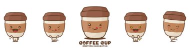 cute coffee cup mascot, drink cartoon illustration, with different facial expressions and poses, isolated on white background