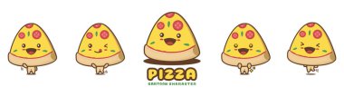 cute pizza slice mascot, food cartoon illustration, with different facial expressions and poses, isolated on white background