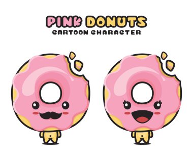 cute pink donuts mascot, food cartoon illustration, isolated on white background