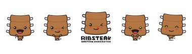 cute rib steak mascot, food cartoon illustration, with different facial expressions and poses, isolated on white background