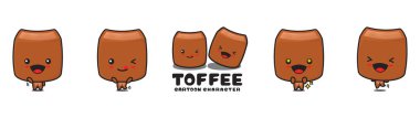 cute toffee mascot, sweet food cartoon illustration, with different facial expressions and poses, isolated on white background