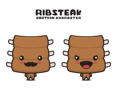 cute rib steak mascot, food cartoon illustration, isolated on white background