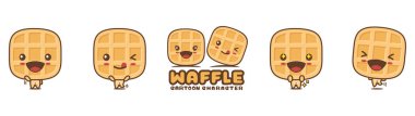 cute waffle mascot, snack cartoon illustration, with different facial expressions and poses, isolated on white background