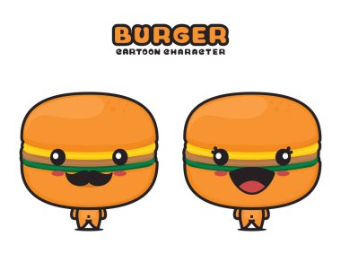 cute burger mascot, food cartoon illustration, isolated on white background