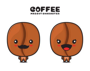 cute coffee bean mascot, seeds and drink cartoon illustration, isolated on white background