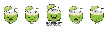 cute coconut mascot, natural drink cartoon illustration, with different facial expressions and poses, isolated on white background
