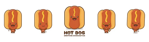 Cute Hot Dog Mascot Food Cartoon Illustration Different Facial Expressions —  Vetores de Stock