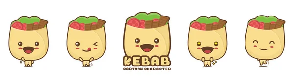Cute Kebab Mascot Food Cartoon Illustration Different Facial Expressions Poses — Stock vektor