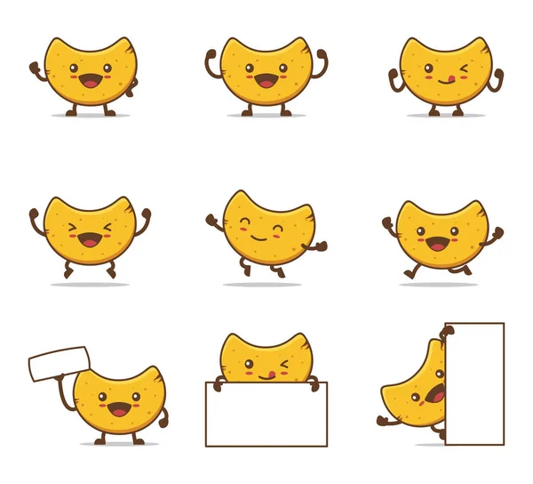 Cute Chips Cartoon Happy Facial Expressions Different Poses Isolated White — Stock vektor
