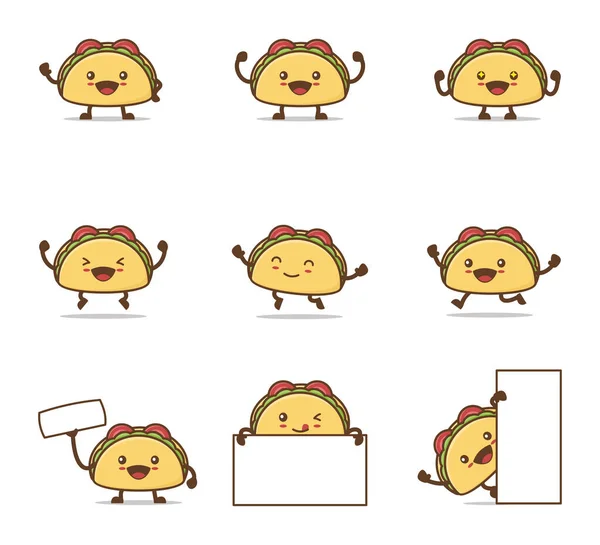 Cute Taco Cartoon Happy Facial Expressions Different Poses Isolated White — Stock vektor