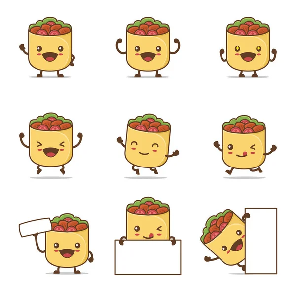 Cute Burrito Cartoon Happy Facial Expressions Different Poses Isolated White — Image vectorielle