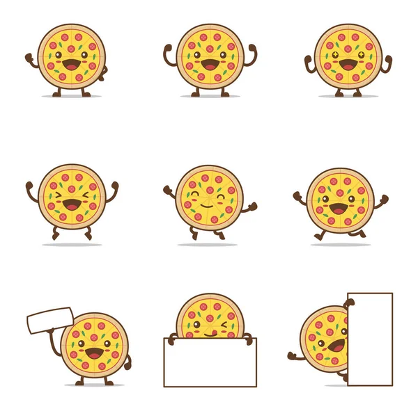 Cute Pizza Cartoon Happy Facial Expressions Different Poses Isolated White — Wektor stockowy