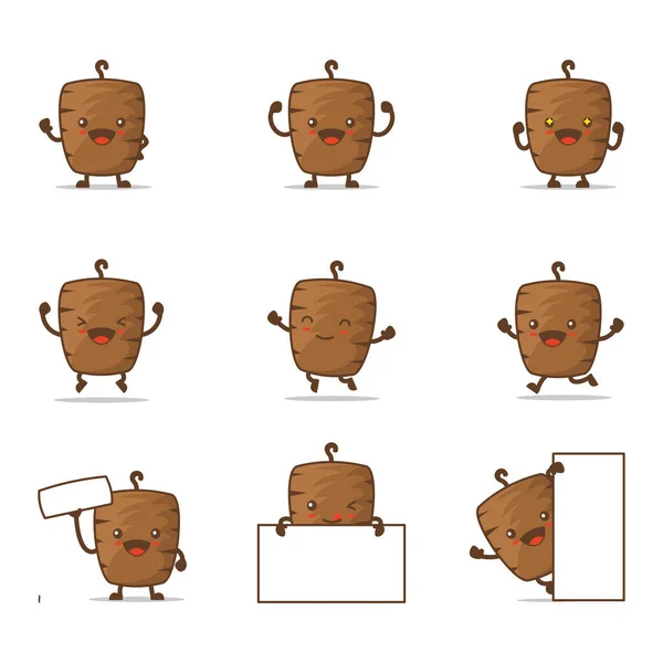 Cute Doner Kebab Cartoon Happy Facial Expressions Different Poses Isolated — Image vectorielle