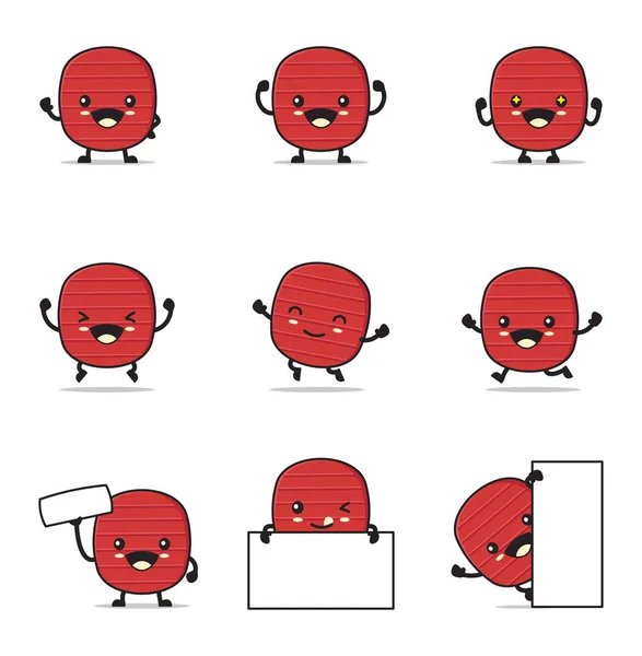 Cute Beef Cutlet Cartoon Happy Facial Expressions Different Poses Isolated — Stockvektor