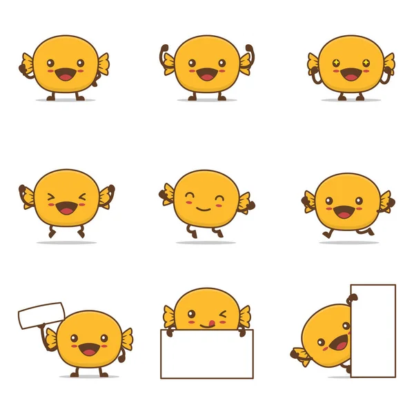 Cute Yellow Candy Cartoon Happy Facial Expressions Different Poses Isolated — Image vectorielle