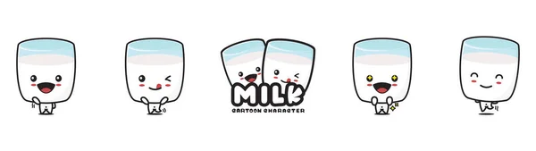 Cute Milk Mascot Different Facial Expressions Poses Isolated White Background — Stock vektor